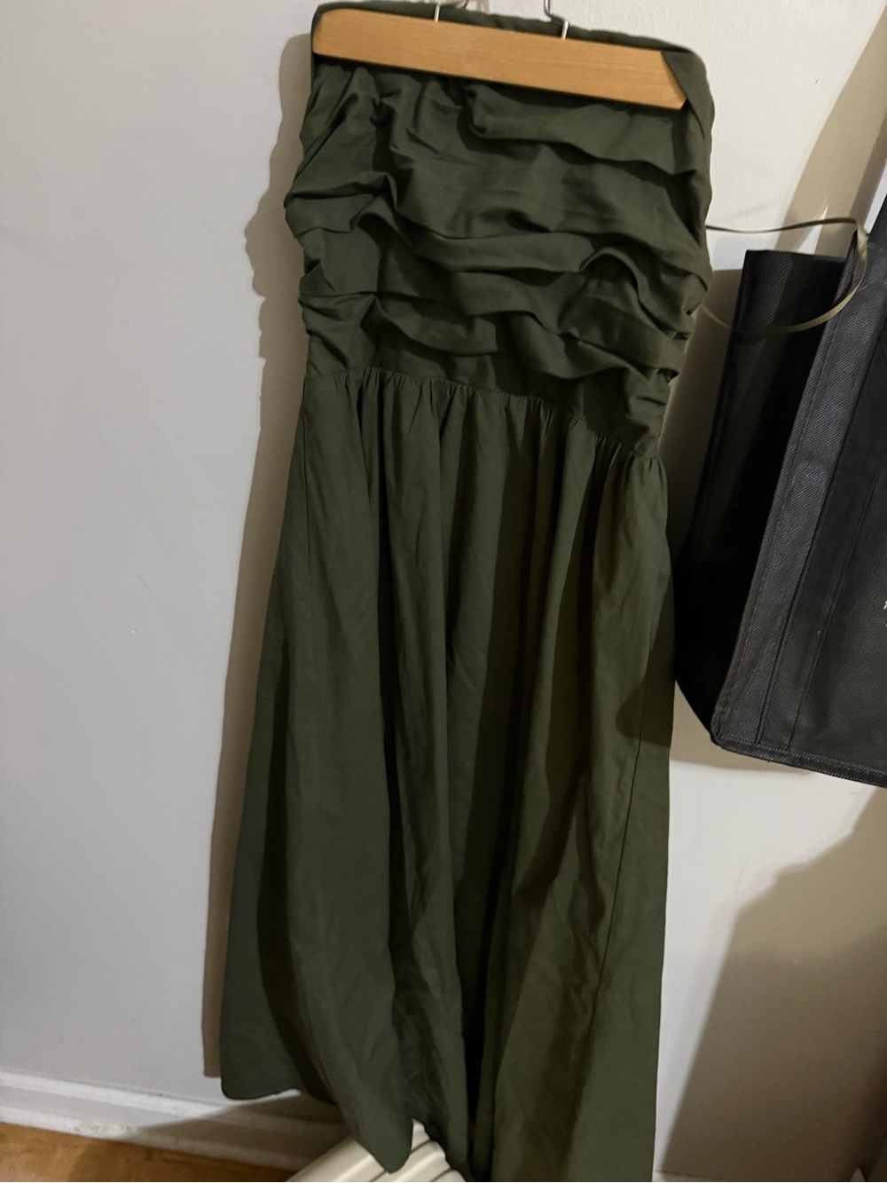 Olive Green Strapless Ruffled Maxi Dress